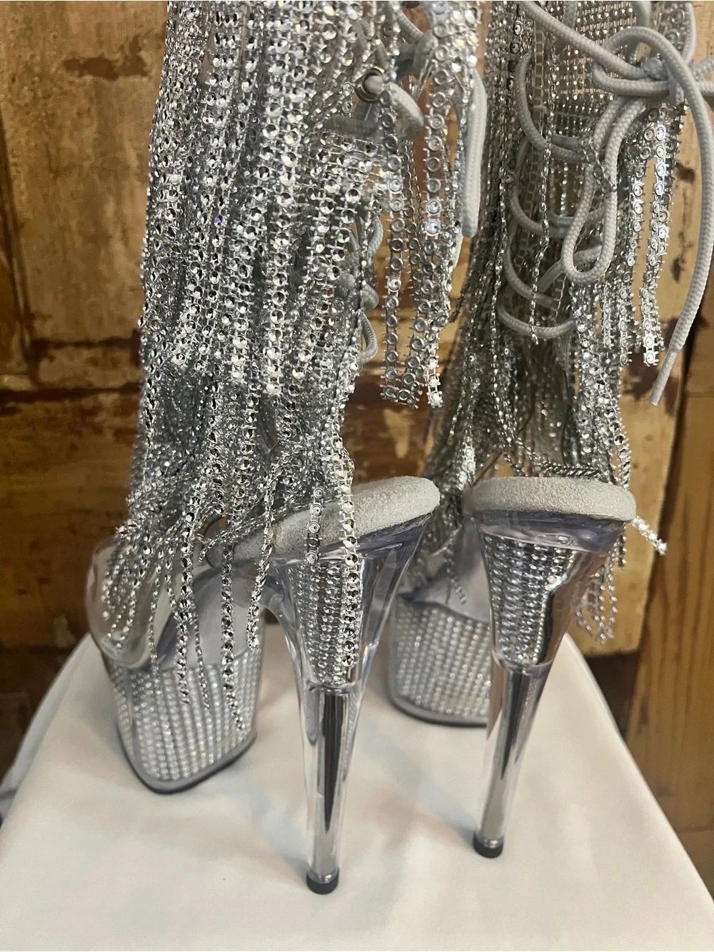 Pleaser Crystal Fringe Platform Heels | Rhinestone Clear Silver | NIB Size 8